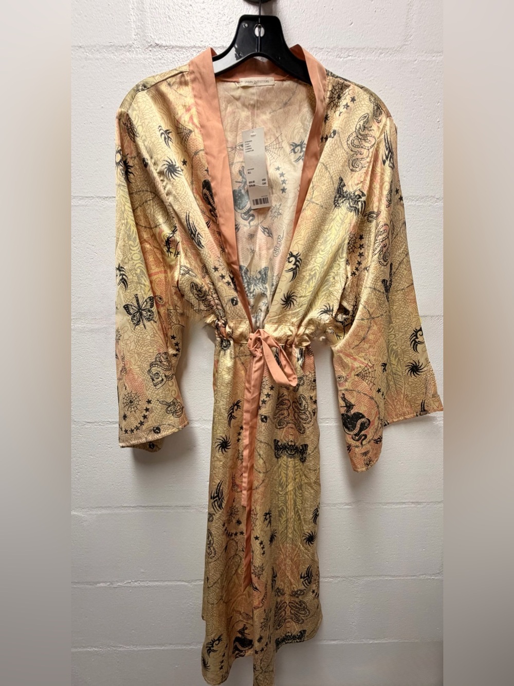 Urban Outfitters Peach and Black Satin Tattoo-Print Kimono Robe